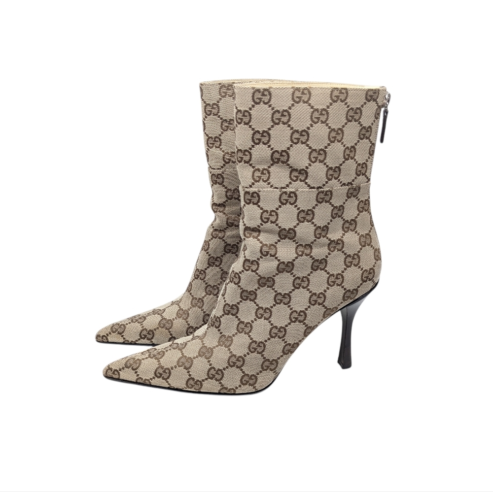 Gucci Signature Calf High Pointed Brown & Beige Monogram Heeled Boots Sz EU 38.5 - Picture 2 of 12